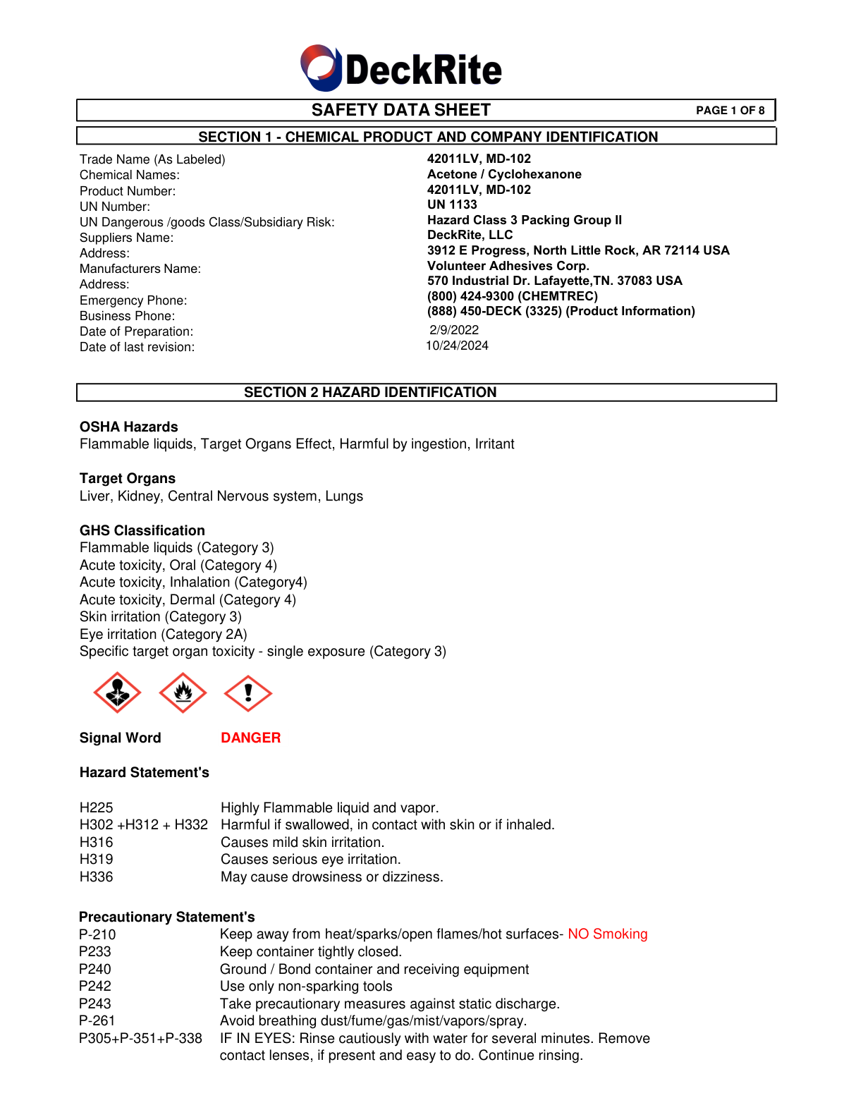 Solvent-Based Deck Adhesive Safety Data Sheet (SDS) preview