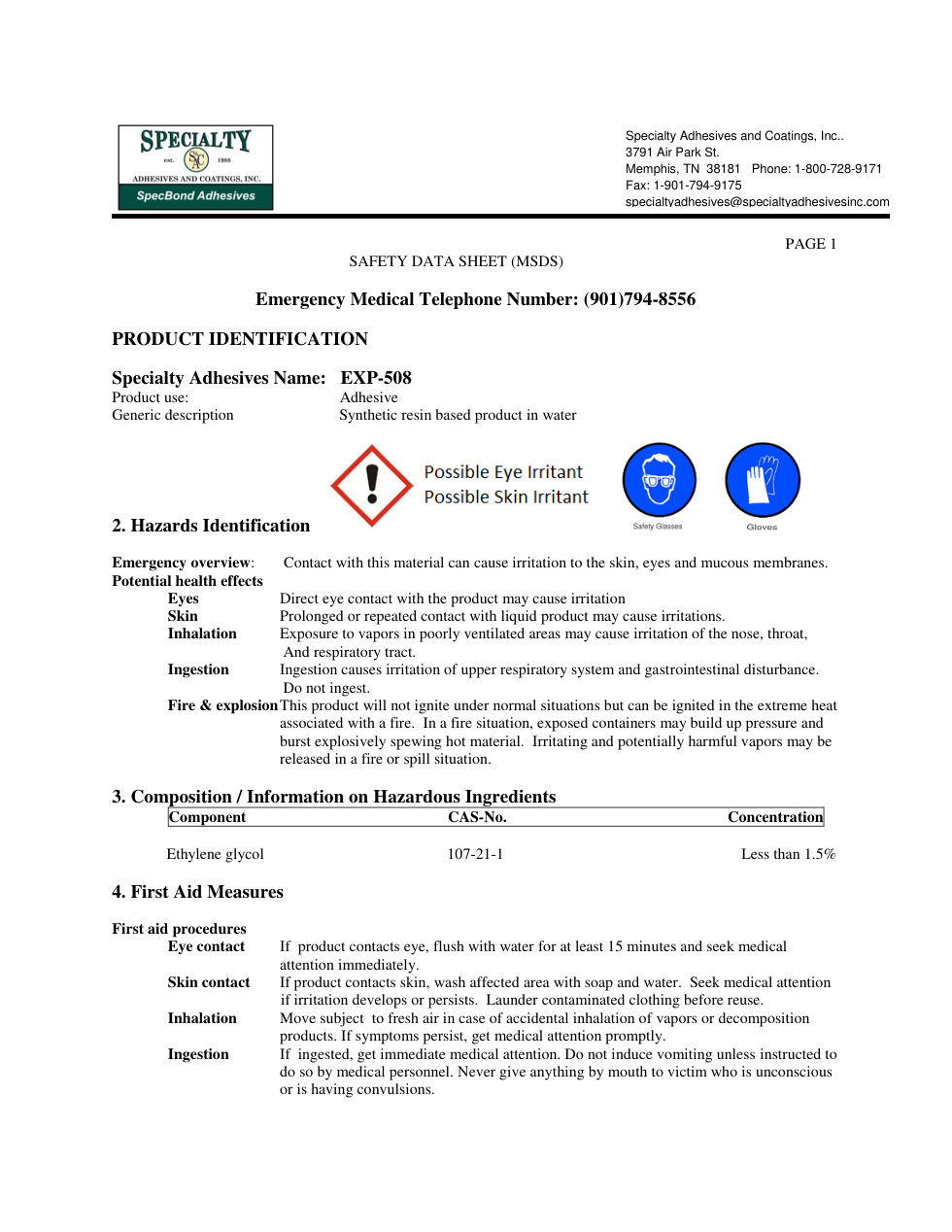 Water-Based Deck Adhesive Safety Data Sheet (SDS) preview