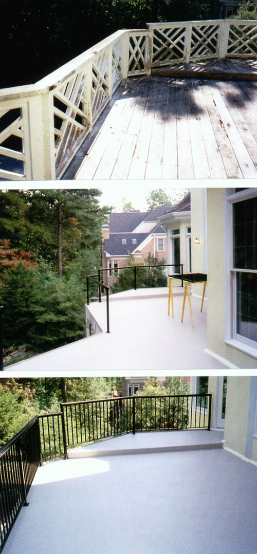 Second-story residential balcony with DeckRite vinyl and a glass railing