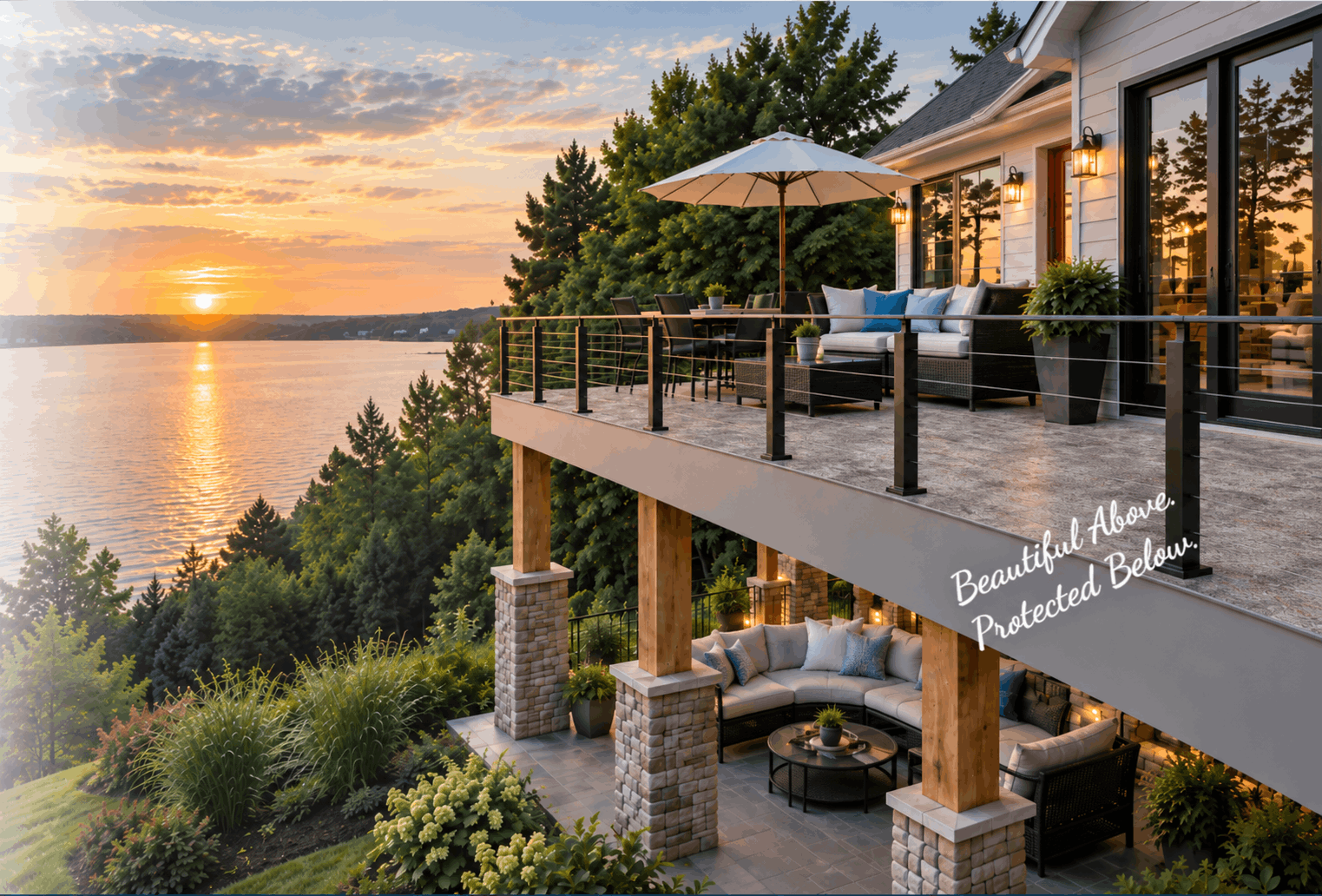 Elevated waterproof deck with lounge seating above a covered living space