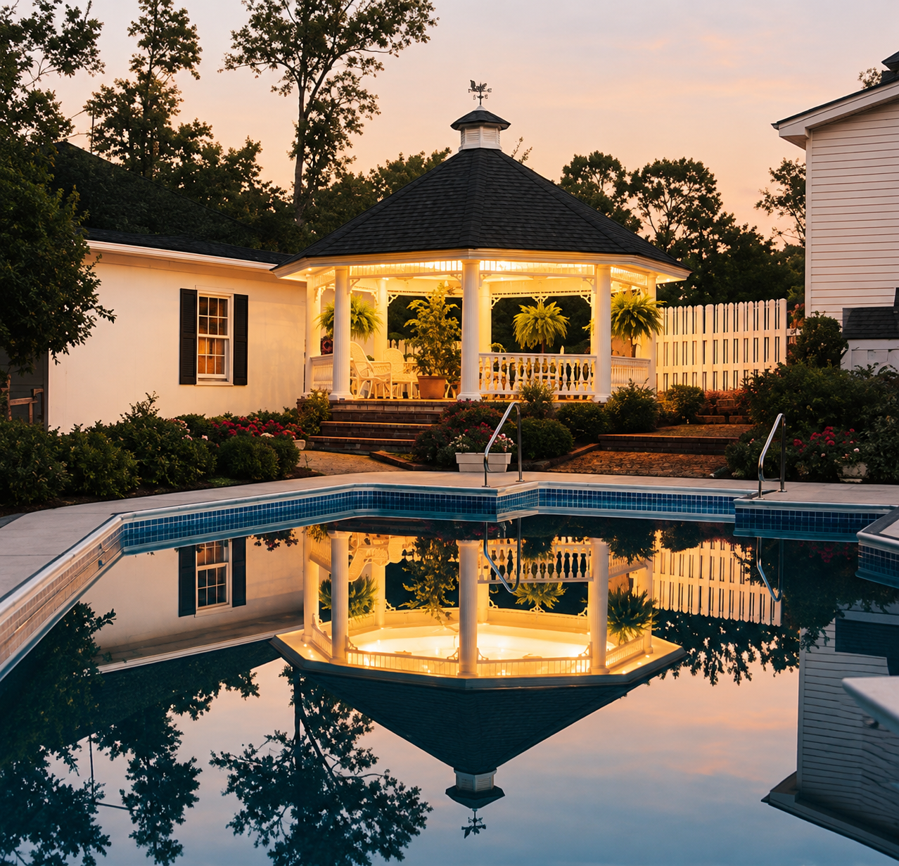 Covered residential porch with lounge seating opening onto a wooded backyard